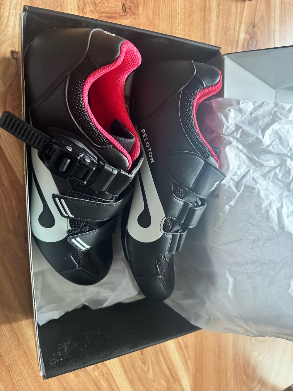Peloton women’s Black Cycling Shoes with Pink Lining and White Accents